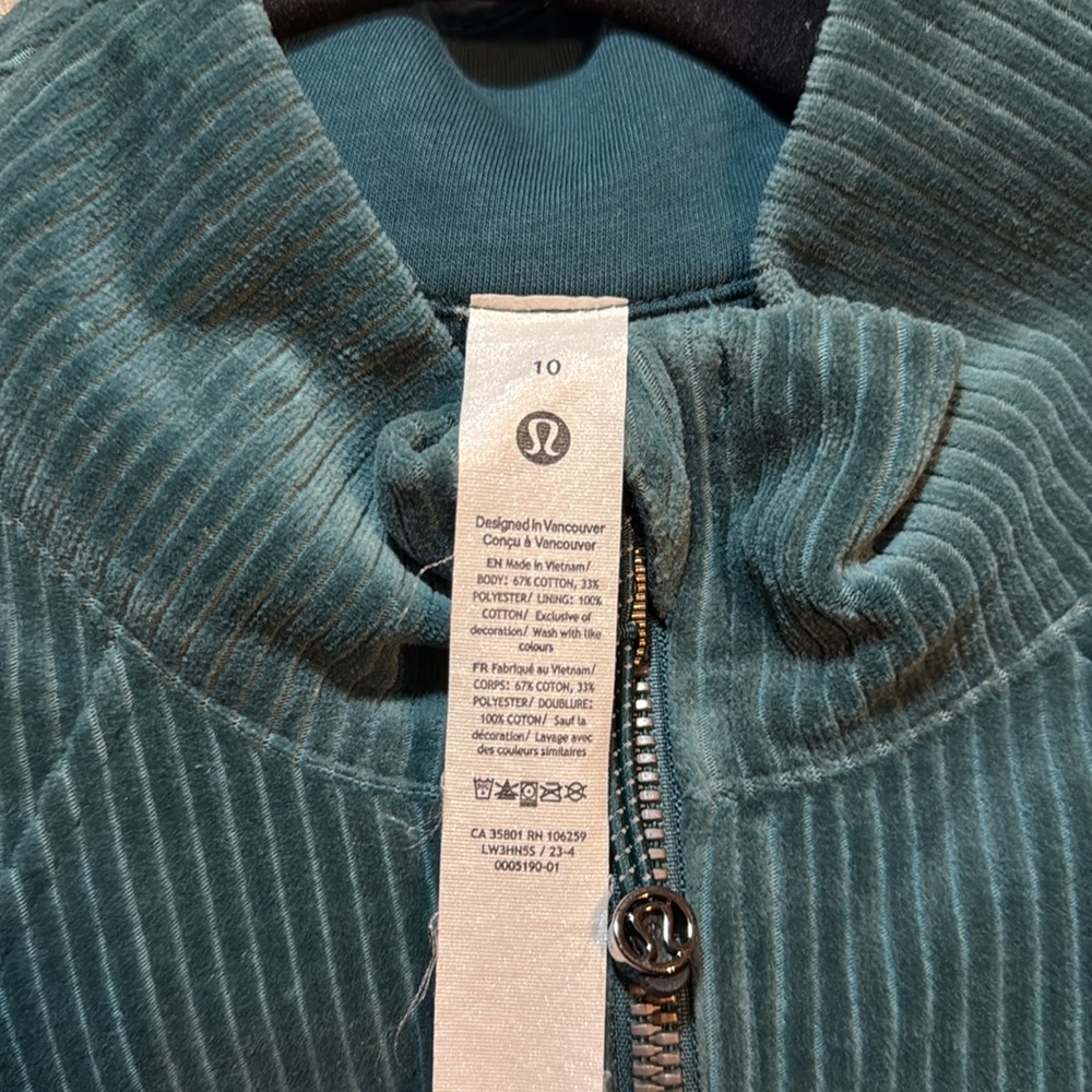 Lululemon Scuba Track Jacket Velvet Velour Cord Storm Teal Cotton Jersey‎ sz10 - Picture 8 of 8